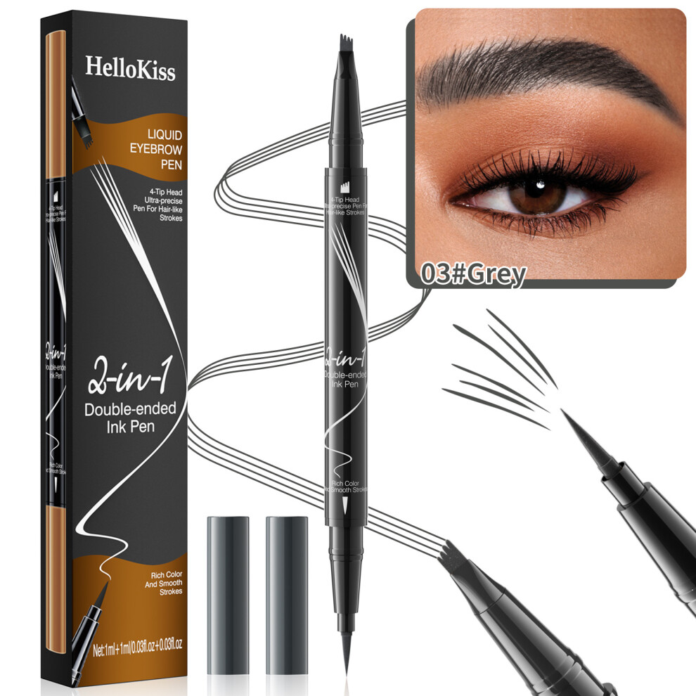 Grey (03# ) Hellokiss Dual-End Eyebrow Pencil 2-In-1 Liquid Brow Pen Waterproof Sweat-Proof