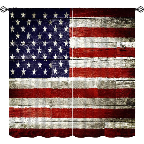 American Flag Curtains Vintage Rustic Wooden Pattern Rod