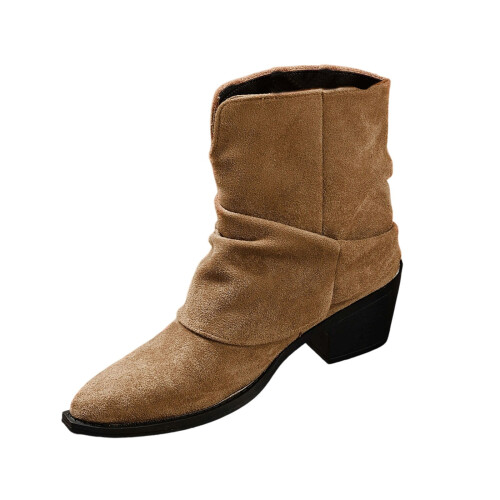Khakifarbene Damen-Ankle-Boots, einfarbig, dicker Absatz