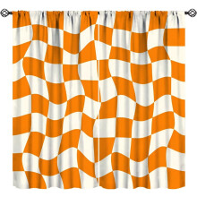 Colorful Checkerboard Curtains, Boho Retro 60s–70s Beige & Orange Grid, Wavy Swirl Drapes for Kids’ Room, Living Room, Kitchen – 55" W x 39" L