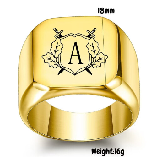 Stainless Steel Personalized Square Initial Ring Gold A 1
