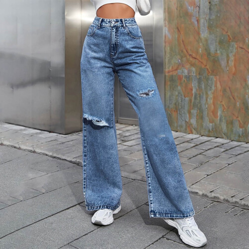 Damejeans2024ModetrendBrede jeans med revnede benBlå8(L) 1