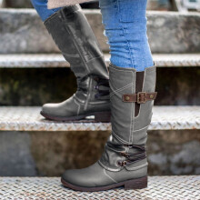 Dames winterlaarzen in de uitverkoop, Dames enkellaarsjes met vierkante hak en lange schacht, instapschoenen grijs