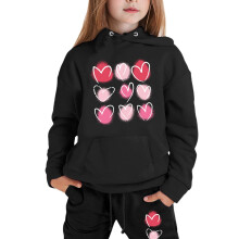 Børne træningsdragt med hætte, 2-delt sæt (alder 2-13), sweatshirt med hjerteprint og joggingbukser, sort (160/12-13 år)