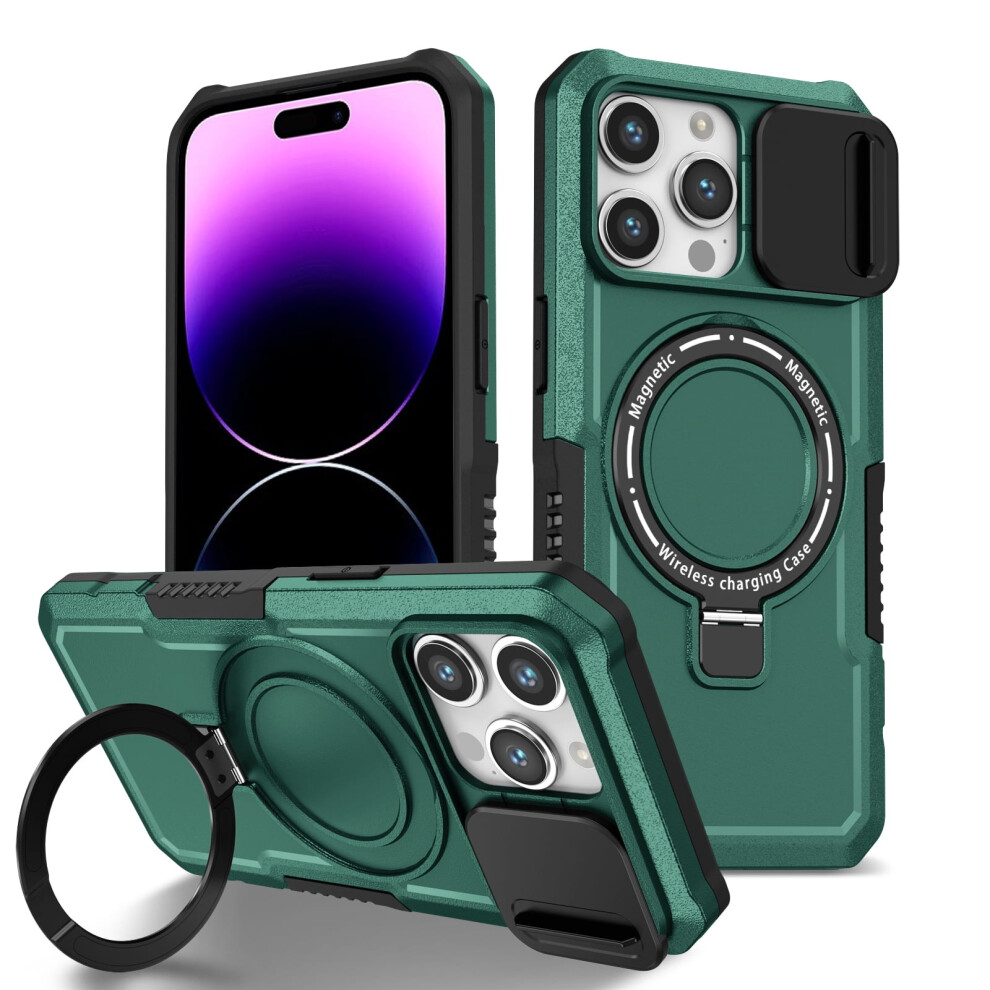 Tech Circle Case For Iphone 15 Pro (6.1") Â Sliding Camera Cover, Magsafe Compatible, Shockproof, Hidden Kickstand & Ring Holder, Dark Green 9448483054065