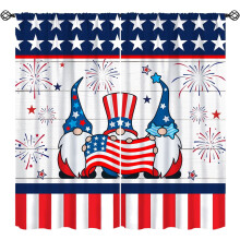 Independence Day Curtains Blue Red Stars Wooden Pattern Rod