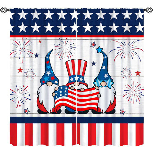 Independence Day Curtains Blue Red Stars Wooden Pattern Rod