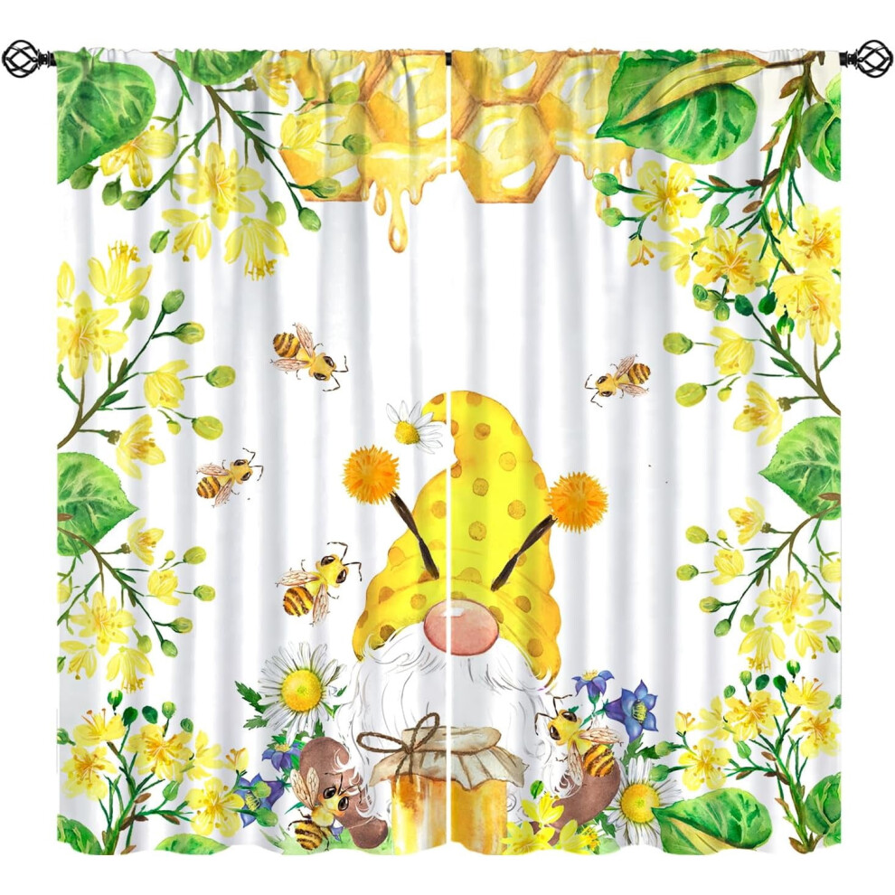 Honey Bee Curtains for Kids, Watercolor Gnome Spring Design, Rod Pocket Thermal Insulated Drapes (2 Panels, 84"x84")