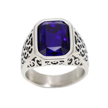Vintage ring van roestvrij staal met kubische zirkonia en bloemenmotief, zilverkleurig.