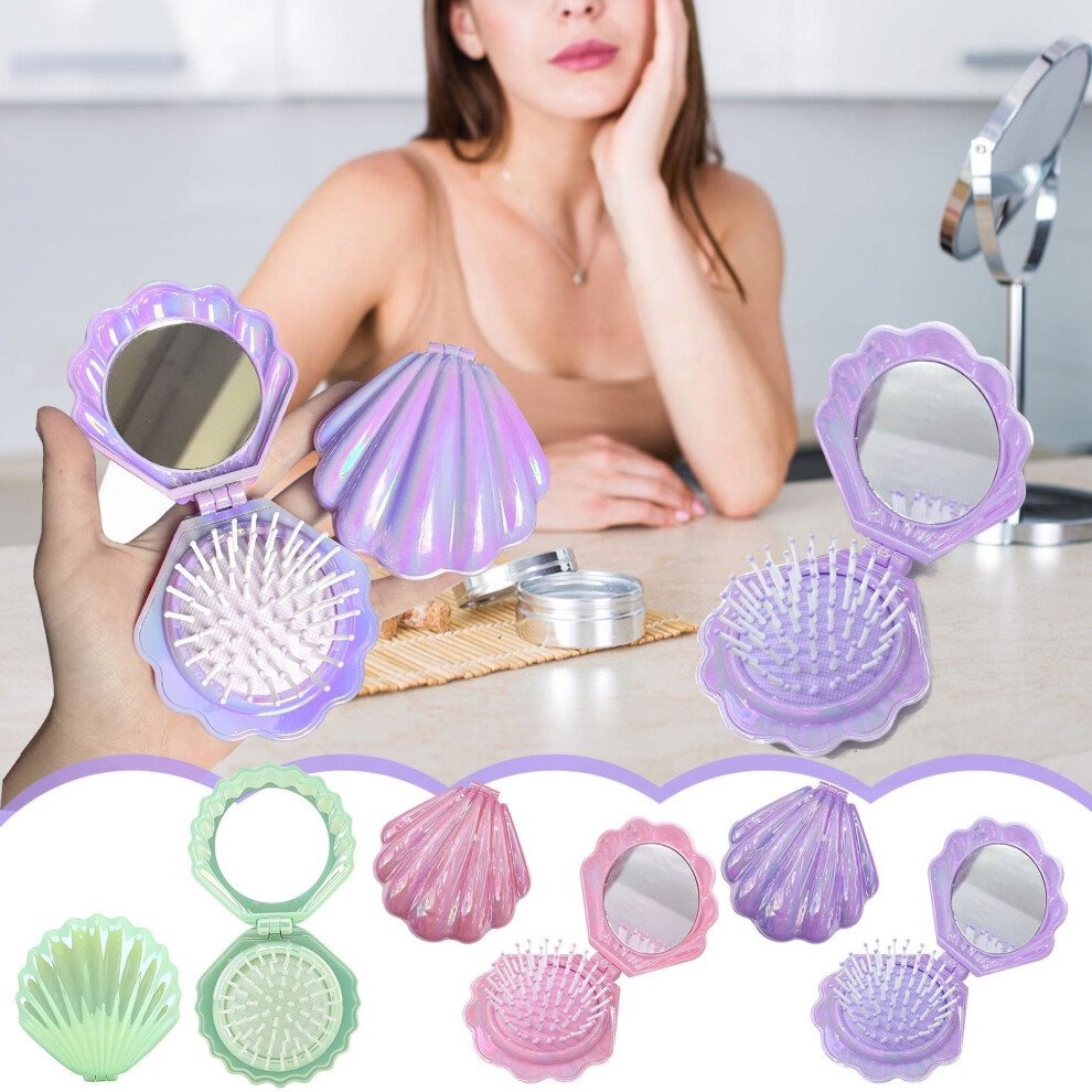 Unisex Mini Foldable Hair Brush With Mirror, Portable Shell Comb For Women, Tpr Bristles For Scalp Massage, Compact Pocket Size Â Compatible With Travel