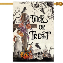 Halloween House Flag, 28x40" Double-Sided Burlap Tomb Cross with Skull & Skeleton – Outdoor Yard Decoration, Compatible with Standard Flagpoles