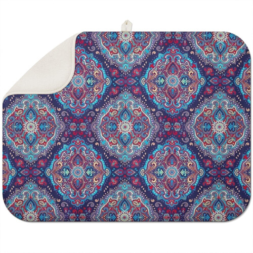 Colorful boho kitchen drying pad 18x24 Inch featuring floral design, microfiber surface, machine washable and reusable