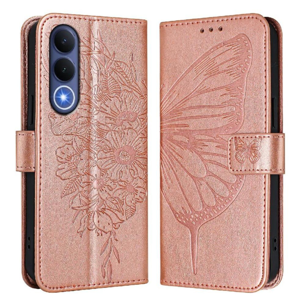 (Rose ) Case For Vivo V70 Fe Premium Leather Magnetic Embossing Butterfly Flip Cover Gold 764563211463