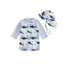 (3-6 Months, Gray) Baby Boys Rash Guard Swimsuit Set Turtle/Shark/Coconut Tree Long Sleeve Zip Romper Swimwear with Swimming Hat