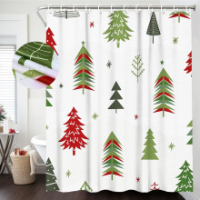 Julgransduschdraperi 180x180 cm, vattentät polyester, röd/grön julgrans- och snöflingedesign med krokar – kompatibel med vanliga duschar
