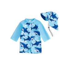 (0-3 Months, Sky Blue) Baby Boys Rash Guard Swimsuit Set Turtle/Shark/Coconut Tree Long Sleeve Zip Romper Swimwear with Swimming Hat