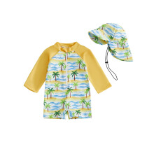 (0-3 Months, Yellow) Baby Boys Rash Guard Swimsuit Set Turtle/Shark/Coconut Tree Long Sleeve Zip Romper Swimwear with Swimming Hat