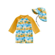 (6-12 Months, Orange) Baby Boys Rash Guard Swimsuit Set Turtle/Shark/Coconut Tree Long Sleeve Zip Romper Swimwear with Swimming Hat