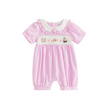 (0-3 Months, Multicolor) Infant Baby Girl Romper Summer Short Sleeve Doll Collar Cowgirl Themed Embroidery Plaid Print Jumpsuit