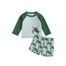 (12-18 Months, Army Green) Boys Rash Guard Swimsuit Set Tortoise Print Long Sleeve Round Neck Tops with Elastic Waist Shorts