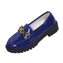 Blue Women'S Shiny Round Toe Leather Shoes With Metal Pendant - Fashion Mid-Heel Loafers For Casual And Outdoor Occasions