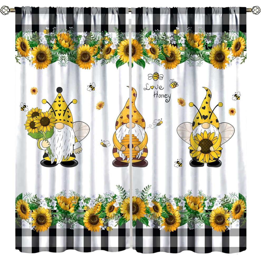 Gnome Curtains, Farm Bee Sunflower Black And White Buffalo Plaid Rod Pocket Curtains For Kids Boys Girls Bedroom Living Room, 2 Panel Set, 55X39 Inch White,Black