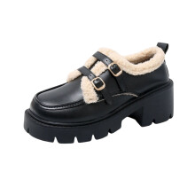 Black Women'S Winter Loafers Casual Comfortable Thick Heel Mid-Heel Round Toe One-Foot Slip On For Indoor Outdoor Wear - Warm Lined Design