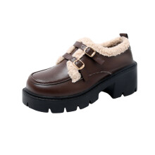Brown Women'S Winter Loafers Casual Comfortable Thick Heel Mid-Heel Round Toe One-Foot Slip On For Indoor Outdoor Wear - Warm Lined Design