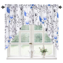 Modern Blue Floral Watercolor Rod Pocket Light Filtering Kitchen Valances Curtains, 60 x 36 in (2 Panels)