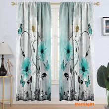 Teal Floral Window Curtains, Turquoise Aqua Daisy & Butterfly Design, Rustic Country Style, 1 Pair (42"x84"), Compatible with Standard Rods