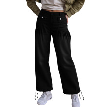 Dame Baggy Wide Leg Jeans Mellemhøj Talje Vintage Flare Barrel Jeans Ruffle Plisserede Denimbukser med Snøre, Sorte