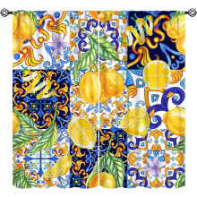 Lemon Curtains Blue Majolica Yellow Pattern Rod Pocket