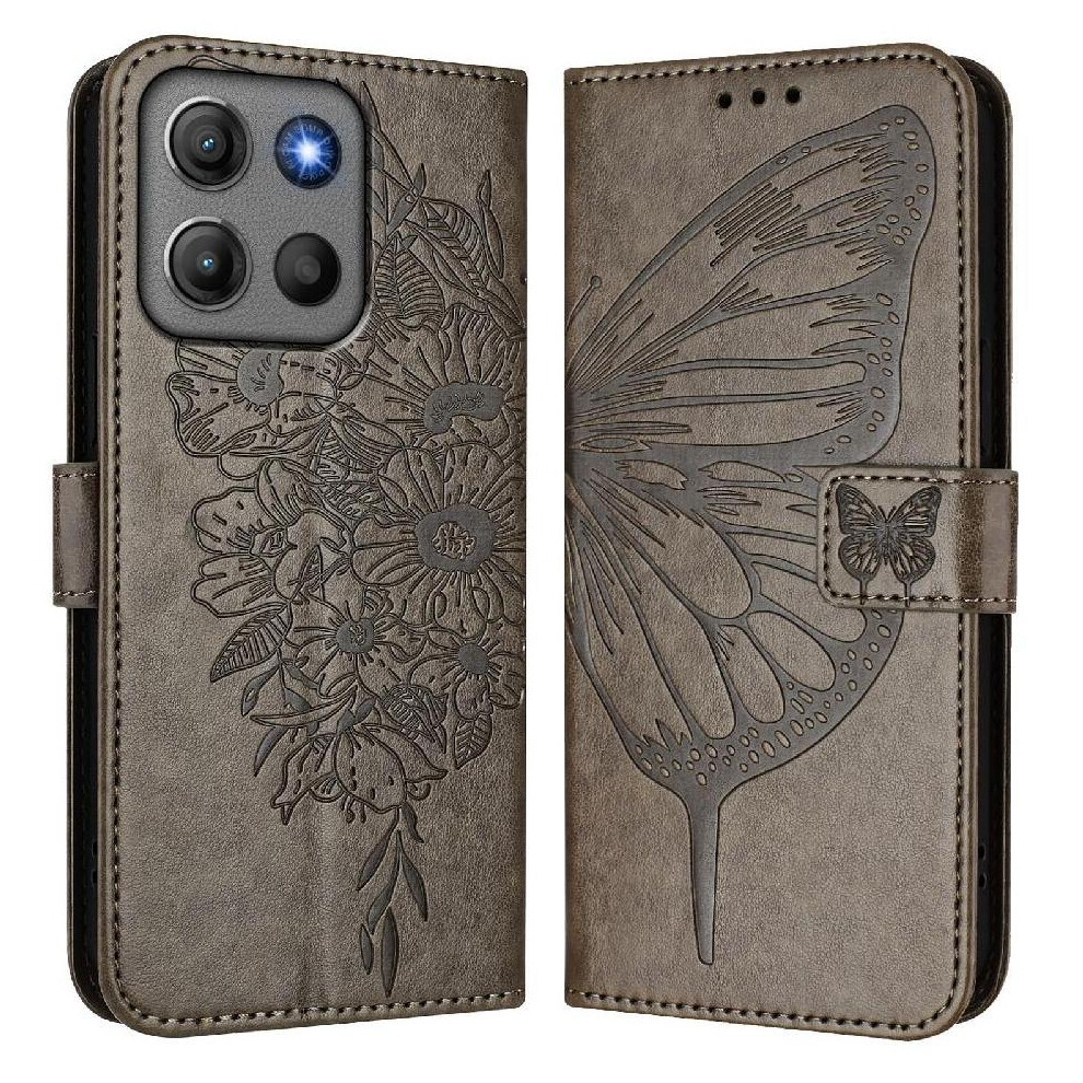 (Gray) Case For Motorola Moto G17 Flip Cover Embossing Butterfly Magnetic Premium Leather Gray 764563211838