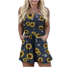 Dame Off-Shoulder Romper Blomsterprint Stropløs Højtaljet Jumpsuit Tube Kort Jumpsuit Med Lommer