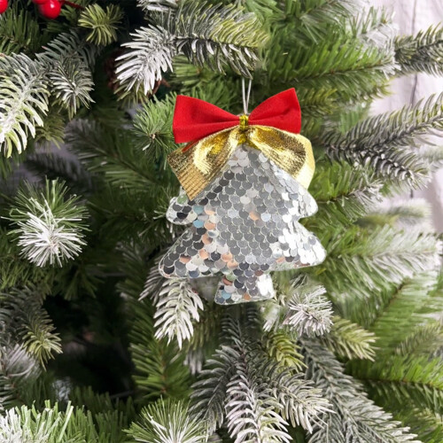 Christmas Tree Sequin Ornaments Red and Silver 6 Pieces