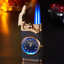Accendino ZZkhGO a doppia fiamma blu, orologio al quarzo, antivento in metallo, torcia a butano ricaricabile per sigari e attività all'aperto.
