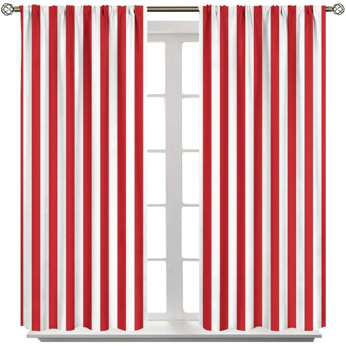 Thermal Curtains Red White Stripe Rod Pocket 72x63 Inch