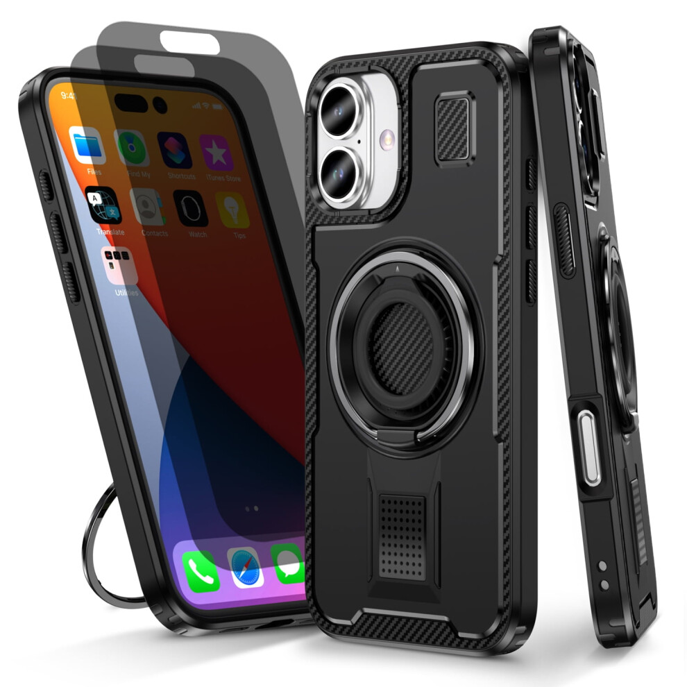 Iphone 16 Plus Case With 2-Pack Privacy Screen Protectors Â Heavy-Duty, Shockproof, Anti-Fingerprint, 360 Rotatable Ring Stand, Black 9448483058056