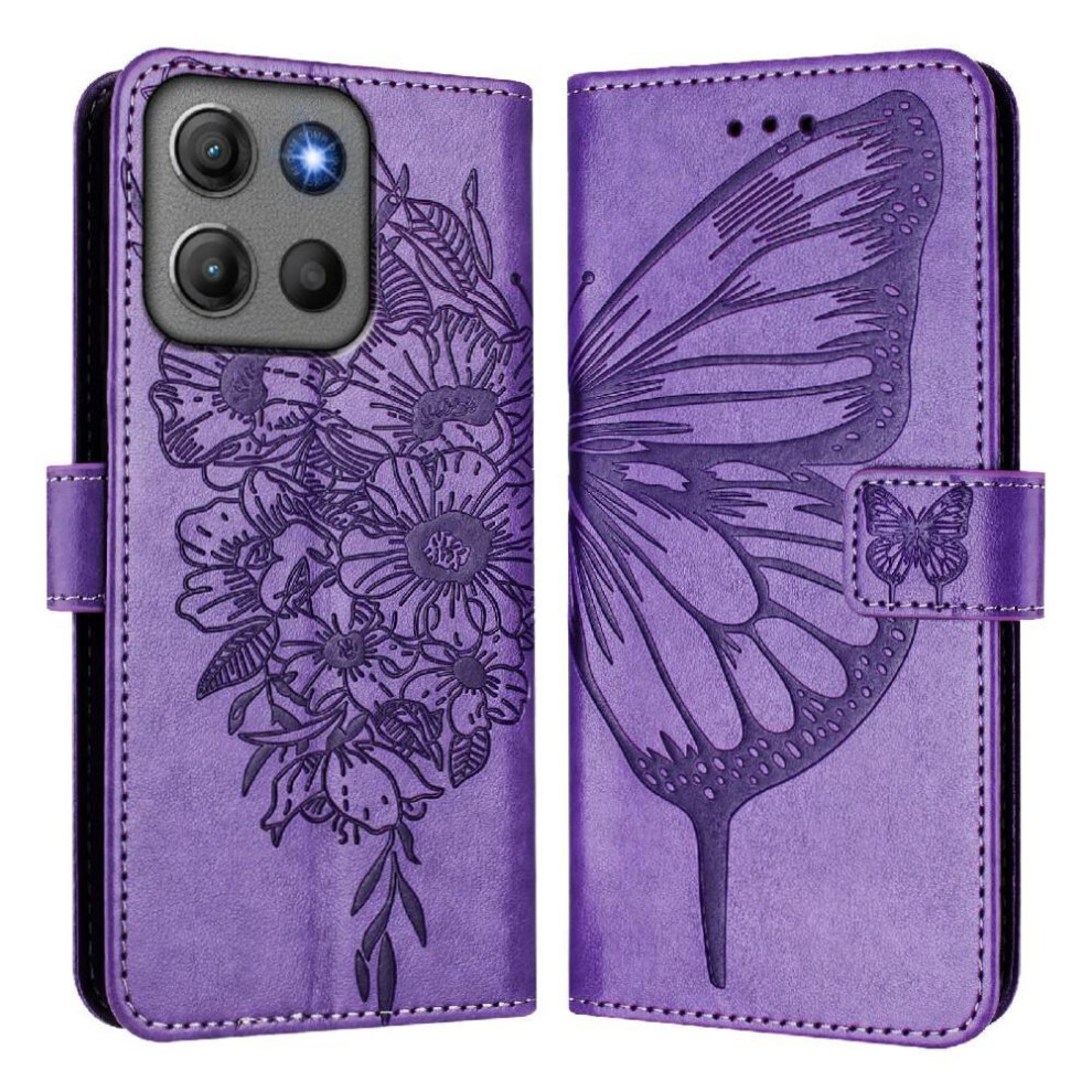 ( Violet) Case For Motorola Moto G17 Power Premium Leather Magnetic Embossing Butterfly Flip Cover Light 764563211791