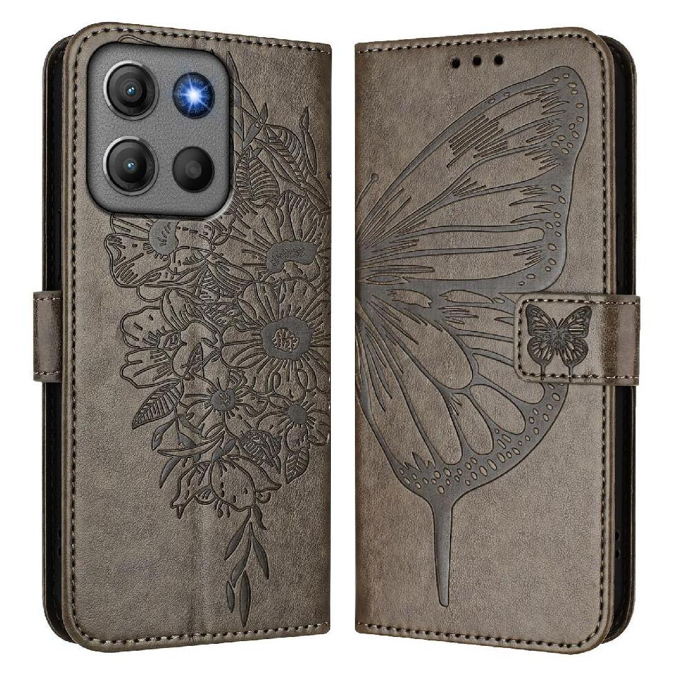 (Gray) Case For Motorola Moto G17 Power Premium Leather Magnetic Embossing Butterfly Flip Cover Gray 764563211753