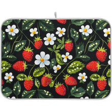 Strawberries White Flowers Dish Drying Mat for Kitchen Counter Absorbent Microfiber Drying Pad, Large 18x24 in, Reversible Drainer Mats