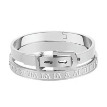 2 Pcs Men Women Roman Numeral Cuff Bangle Unisex Stainless Steel Bracelet Gift-Silver 2Pcs-Men