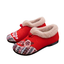 Red Velvet Embroidery Flat Shoes Ethnic Style Winter Shoes For Women Cozy Indoor Outdoor Casual Wear Short Plush Material Soft Sole Comfortable Fit