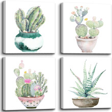 Succulent Plants Wall Art Canvas Print, Green Cactus Botanical Decor for Bathroom, Bedroom, Living Room, Office – 12"x12"