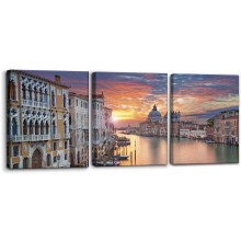 3-delad canvastavla med motiv från Venedig – Canal Grande-målning, uppspänd och inramad, redo att hängas, 30x40 cm x 3 paneler