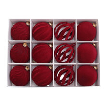 12 Pcs Velvet Christmas Balls Flocked Tree Ornaments Plastic Hanging Decorations 2.4 Inch Red Foam Velvet Red