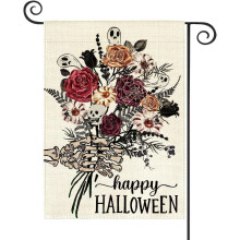 Halloween Garden Flag – 12.5x18" Double-Sided Burlap Skeleton Hand with Flowers, Outdoor Yard Decoration
