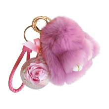 Handgefertigter, weicher Hasen-Pompon-Schlüsselanhänger mit immergrüner Blume – Niedlicher Taschenanhänger & Geschenk für Sie, kompatibel mit