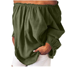 Blusa feminina de verão ombro a ombro com babados, manga longa, em algodão e linho, estilo casual e solto, tamanho 5XL, verde.