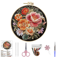 (Flowers-3) 3D Color Flower Hand Embroidery Kit, Beginner-Friendly Circular Decorative Paintings for Craft Enthusiasts